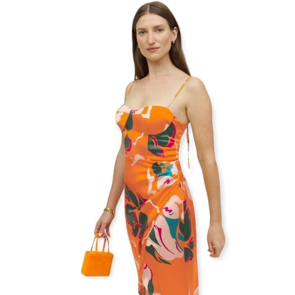 Reformation Marguerite Silk Midi Dress In Electra Floral Orange - Picture 2 of 13